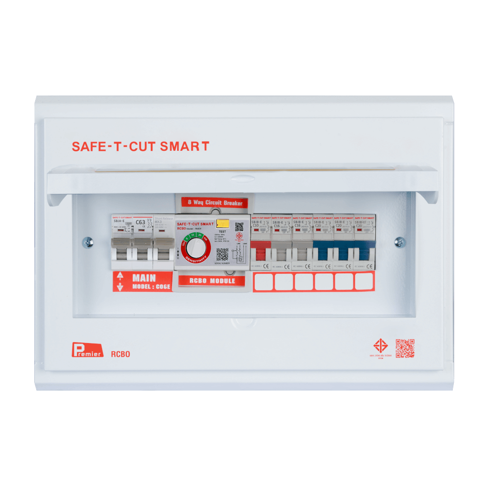 ชุดตู้คอนซูมเมอร์ 6 ช่อง เบรคเกอร์กันดูด 63 แอมป์ เซฟ-ที-คัท สมาร์ท รุ่น PREMIER RCBO